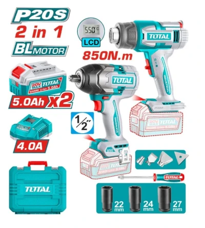 TOTAL KIT LLAVE DE IMPACTO 850Nm + PISTOLA DE AIRE CALIENTE 550°c TOSLI250983 World Shop