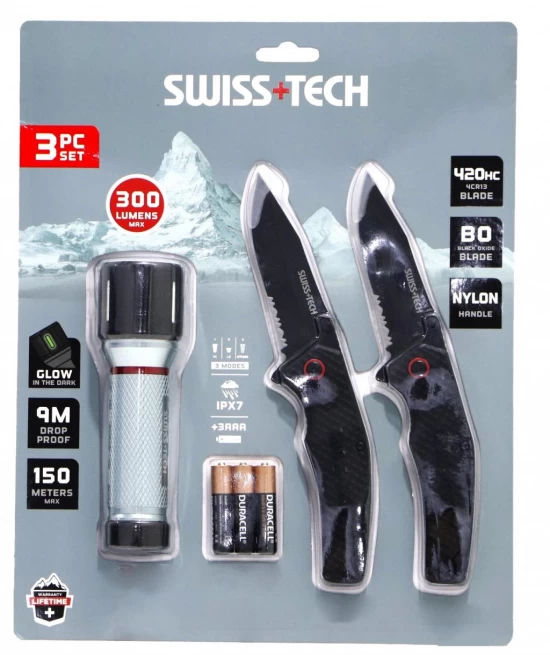 SWISS+TECH SET DE 3 PIEZAS  CUCHILLOS +LINTERNA 300 LUMENS    ST001229 World Shop