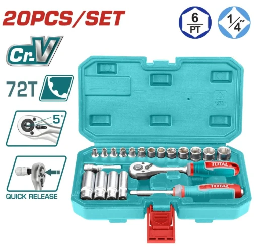 TOTAL  JUEGO DE LLAVES DE TRINQUETE 1/4 20PCS  THT141201 World Shop
