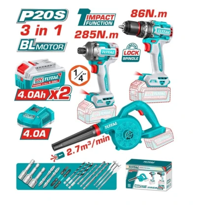 TOTAL COMBO 3PCS 20V TALADRO + ATORNILLADOR + SOPLADOR  TOSLI250883 World Shop