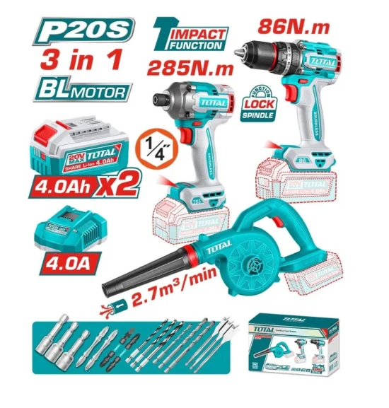 TOTAL COMBO 3PCS 20V TALADRO + ATORNILLADOR + SOPLADOR  TOSLI250883 World Shop