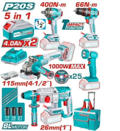 TOTAL COMBO INALAMBRICA MOTOR SIN ESCOBILLAS  20V 5PCS  TCKLI20592 World Shop