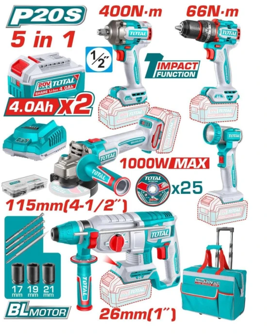 TOTAL COMBO INALAMBRICA MOTOR SIN ESCOBILLAS  20V 5PCS  TCKLI20592 World Shop