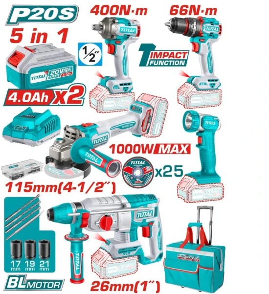 TOTAL COMBO INALAMBRICA MOTOR SIN ESCOBILLAS  20V 5PCS  TCKLI20592 World Shop