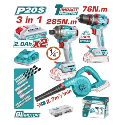 TOTAL  COMBO 3PCS  TOSLI250182 TALADRO +ATORNILLADOR+SOPLADOR World Shop