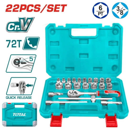 TOTAL  KIT DE HERRAMIENTAS JUEGO DE DADOS  3/8 22PCS  THT381221 World Shop