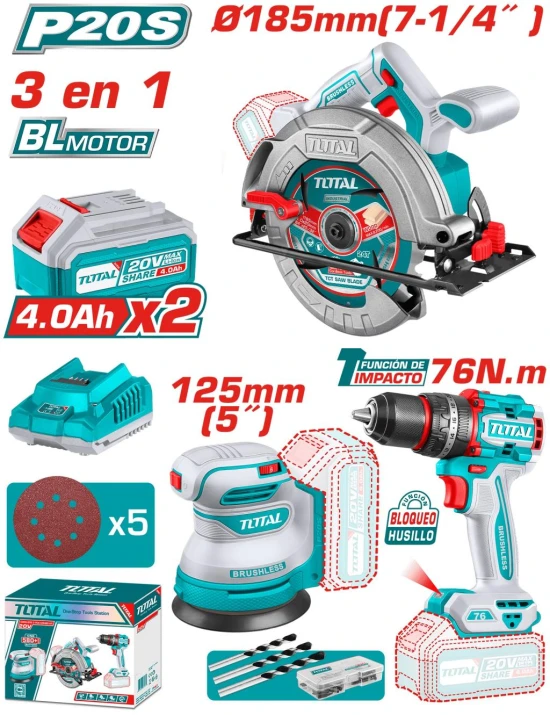 TOTAL COMBO SIERRA+LIJADORA +TALADRO  3PCS  TOSLI250181 World Shop