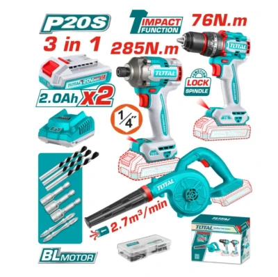 TOTAL  COMBO 3PCS TALADRO +ATORNILLADOR+SOPLADOR  TOSLI250182 World Shop