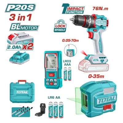 TOTAL COMBO  TALADRO+NIVEL+DETECTOR 3PCS  TOSLI250511 World Shop