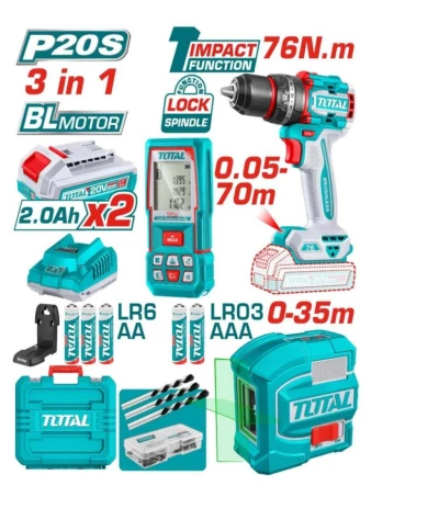 TOTAL COMBO  TALADRO+NIVEL+DETECTOR 3PCS  TOSLI250511 World Shop