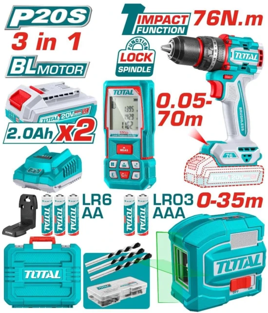 TOTAL COMBO  TALADRO+NIVEL+DETECTOR 3PCS  TOSLI250511 World Shop