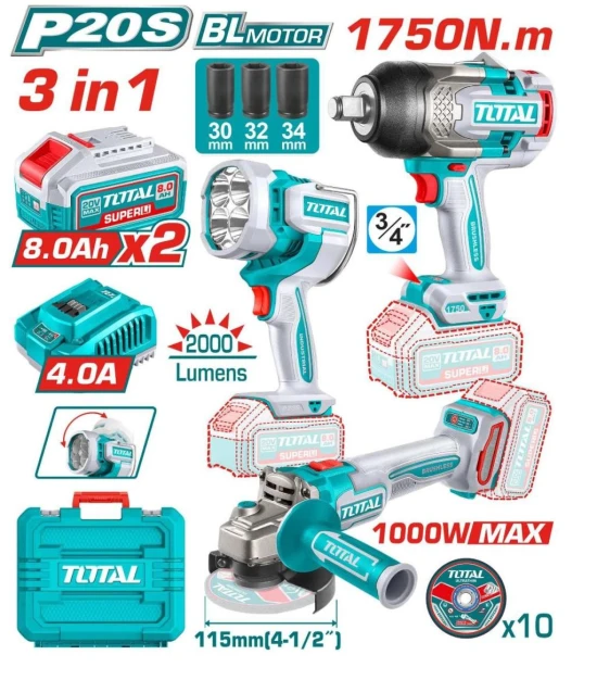 TOTAL COMBO 3PCS LLAVE+ AMOLADORA+ LAMPARA DE TRABAJO 20V TOSLI250593 World Shop
