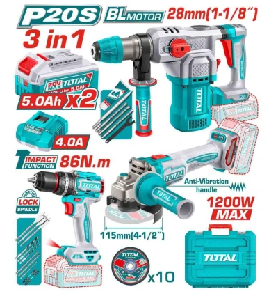 TOTAL COMBO 3PCS TALADRO + AMOLADORA + MARTILLO ROTATIVO 20V   TOSLI251195 World Shop