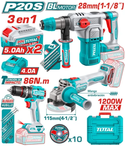 TOTAL COMBO 3PCS TALADRO + AMOLADORA + MARTILLO ROTATIVO 20V   TOSLI251195 World Shop
