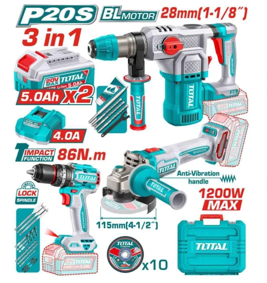 TOTAL COMBO 3PCS TALADRO + AMOLADORA + MARTILLO ROTATIVO 20V   TOSLI251195 World Shop