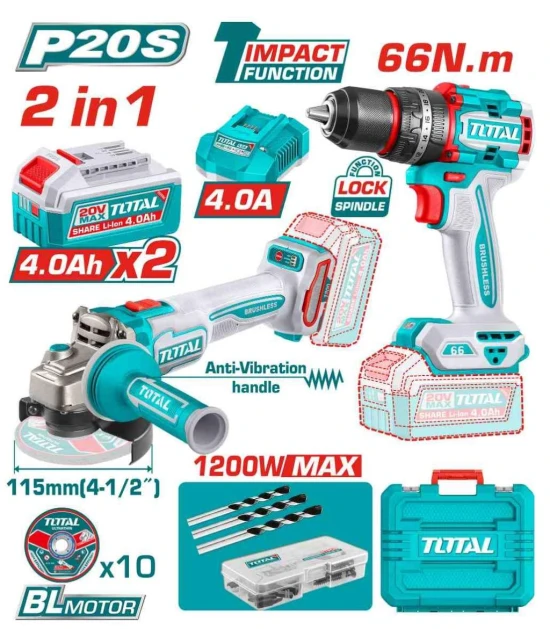 TOTAL COMBO 2PCS AMOLADORA + TALADRO DE IMPACTO 20V  TCKLI20256 World Shop