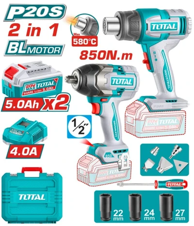 TOTAL COMBO 2PCS LLAVE DE IMPACTO + PISTOLA DE CALOR 20V  TOSLI260381 World Shop