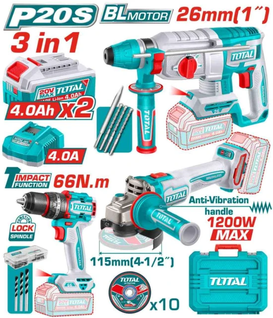 TOTAL COMBO 3PCS TALADRO + AMOLADORA + ROTOMARTILLO  TCKLI202598 World Shop