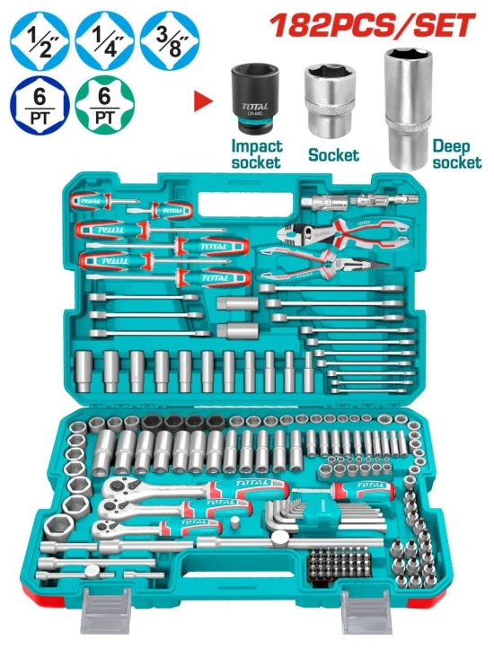 TOTAL  JUEGO DE HERRAMIENTAS COMBINADAS 182PCS THKTHP61827 World Shop