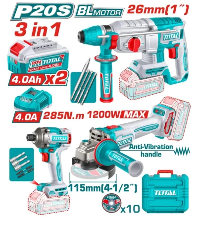 TOTAL COMBO 3PCS AMOLADORA+MARTILLO+ LLAVE DE IMPACTO 20V  TOSLI260191 World Shop