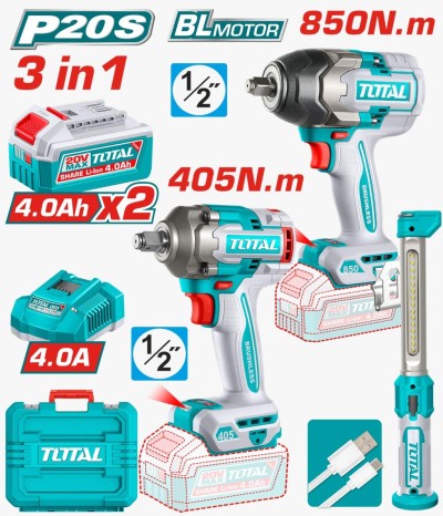 TOTAL COMBO 3PCS LLAVES DE IMPACTO  + LAMPARA DE TRABAJO 20V TOSLI260285 World Shop