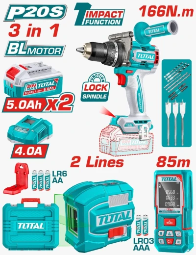 TOTAL  COMBO 3PCS TALADRO + NIVEL LASER + MEDIDOR DE DISTANCIA   TLL260516 World Shop