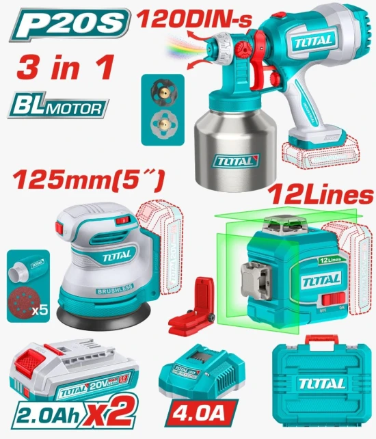 TOTAL  COMBO 3PCS  NIVEL LASER + PISTOLA+ LIJADORA  20V TLL260567 World Shop